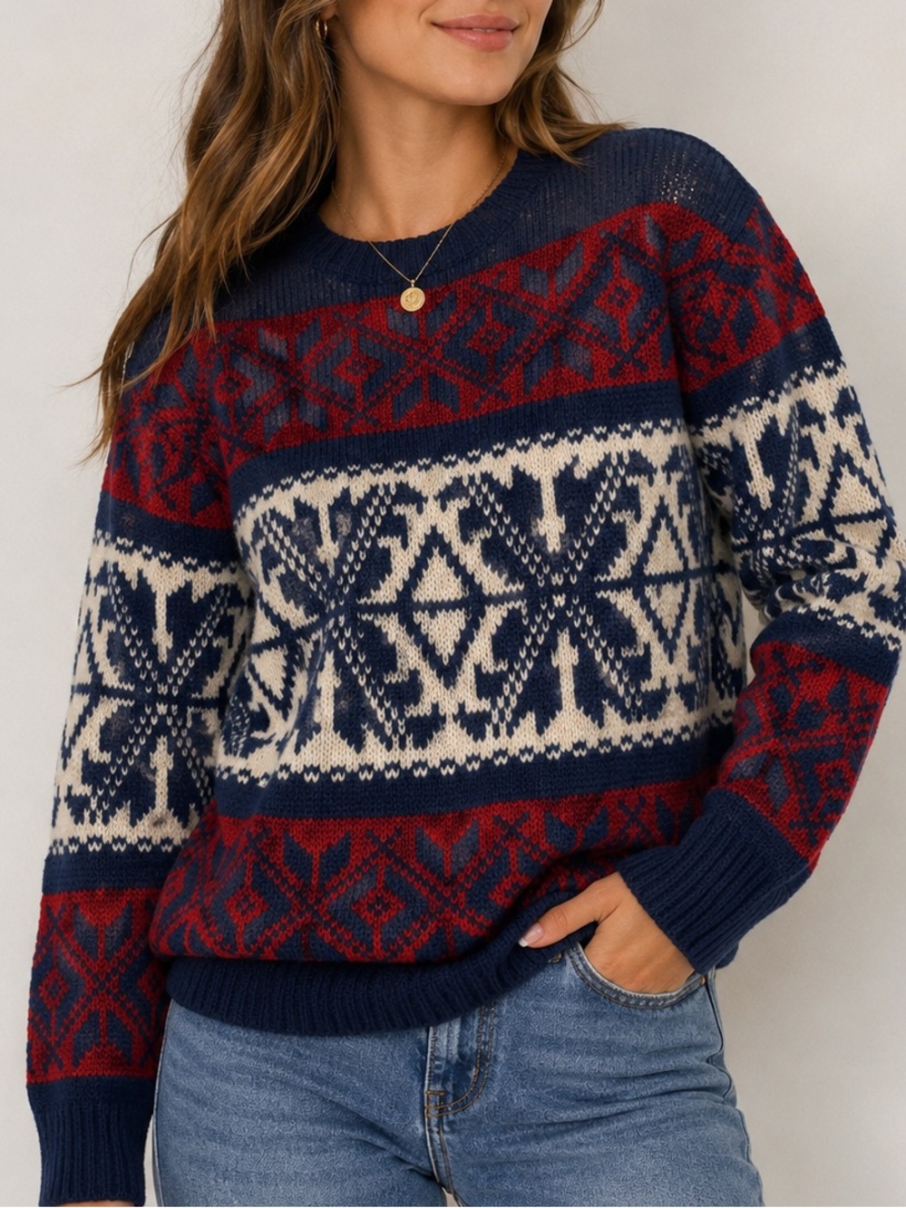 Vintage American Eagle Outfitters Navy Red Cream Wool Crewneck Sweater Size XL